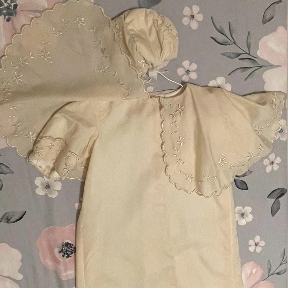 Matching Victorian Christening Baptism Gown Bonnet Unisex Ivory White Silk